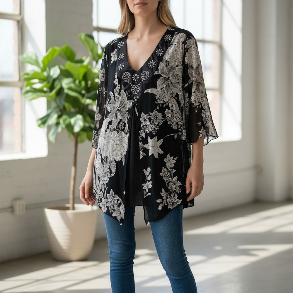 Appointments Tunic Top Women 3XL Black Excellent Floral Mesh Beaded Y028X